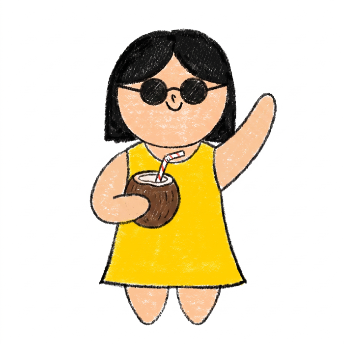 Doodle of Nikita with sunglasses and a coconut