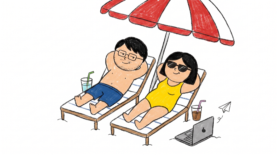 Sahil and Nikita on beach loungers while a laptop lies abandoned in the sand